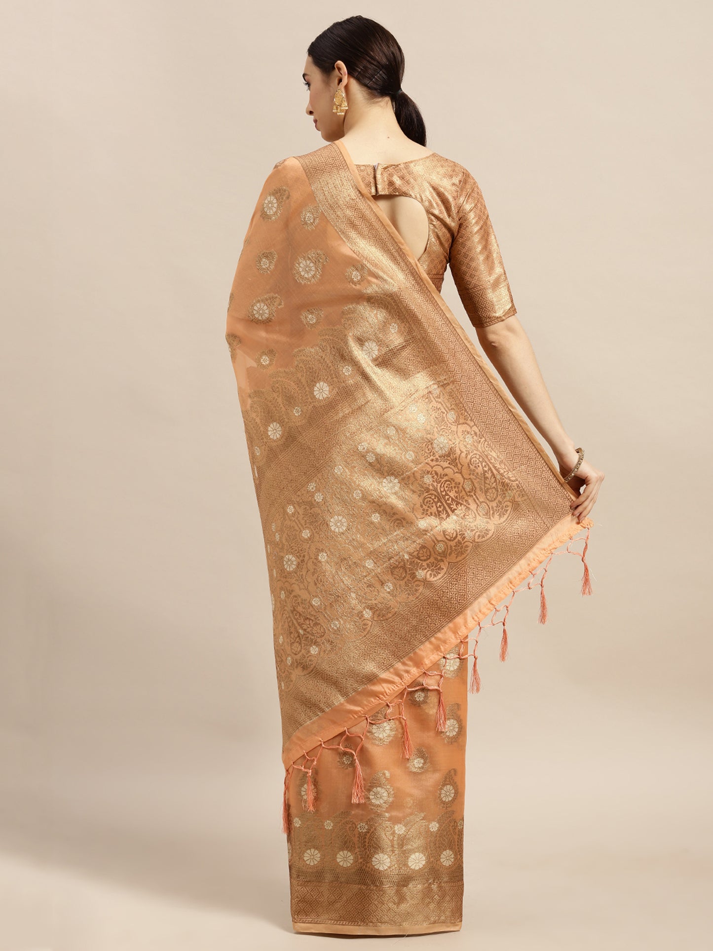 Women's Silk Blend Peach Woven Design Woven saree With Blouse Piece