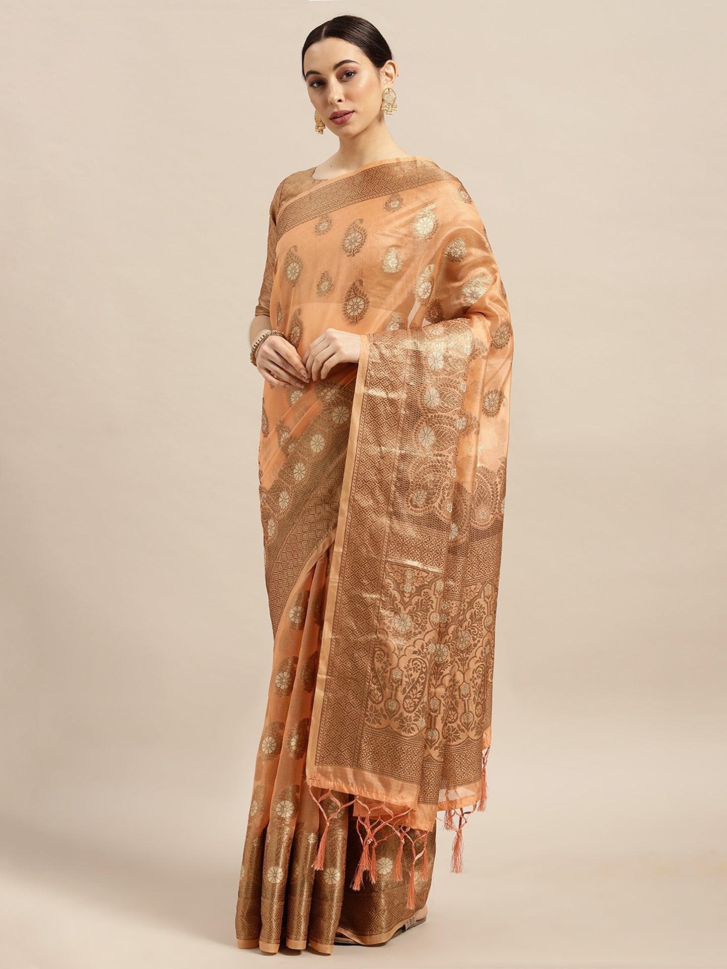 Women's Silk Blend Peach Woven Design Woven saree With Blouse Piece