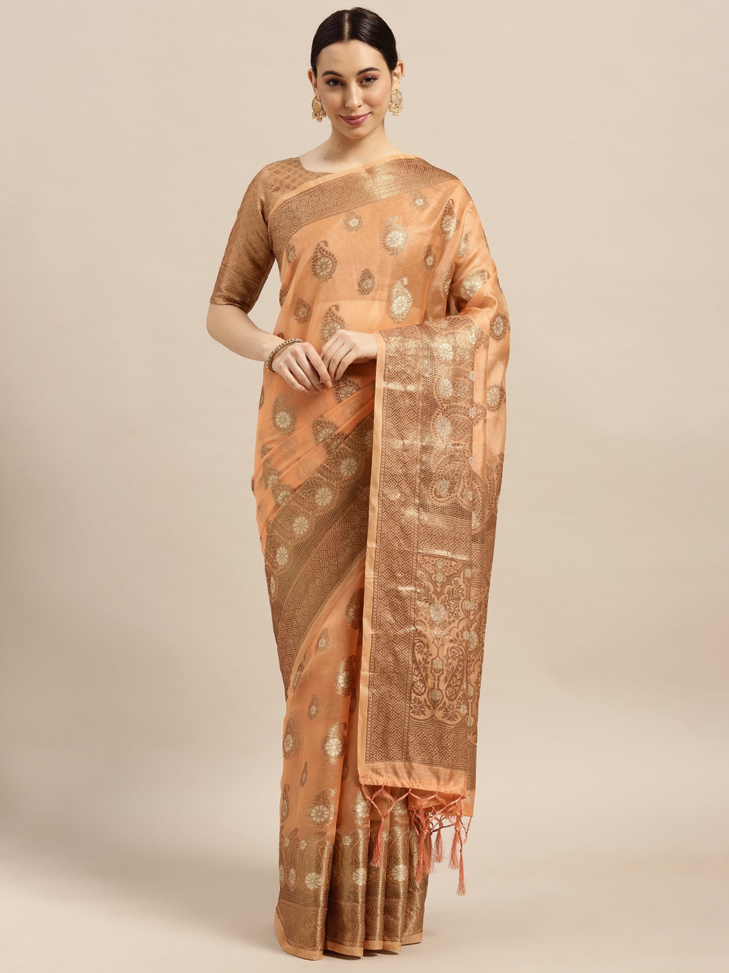 Women's Silk Blend Peach Woven Design Woven saree With Blouse Piece
