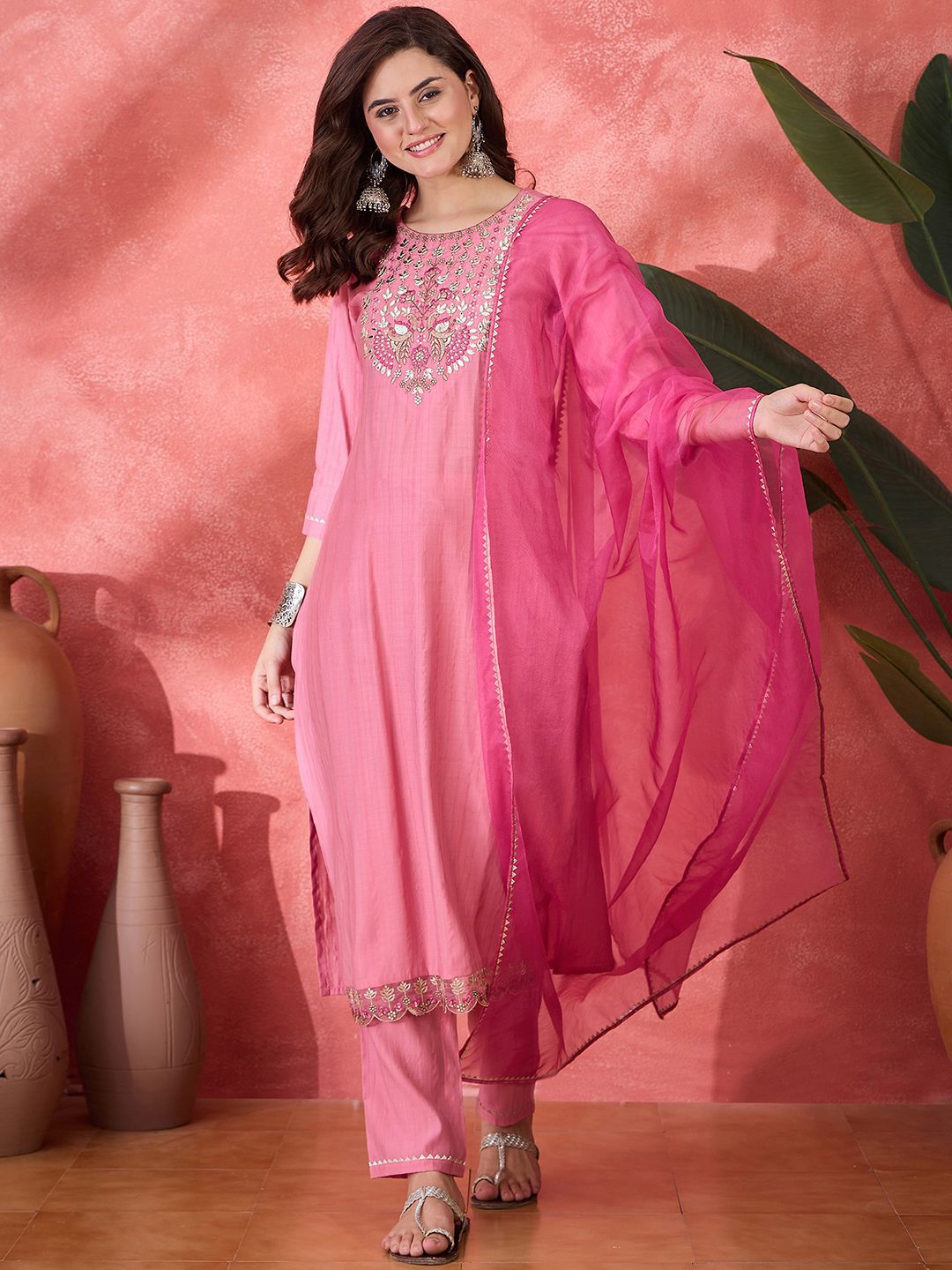 Dhiyona SN Women's Zari Sequin & Mirror Work Embroidered Straight Kurta & Trousers With Dupatta