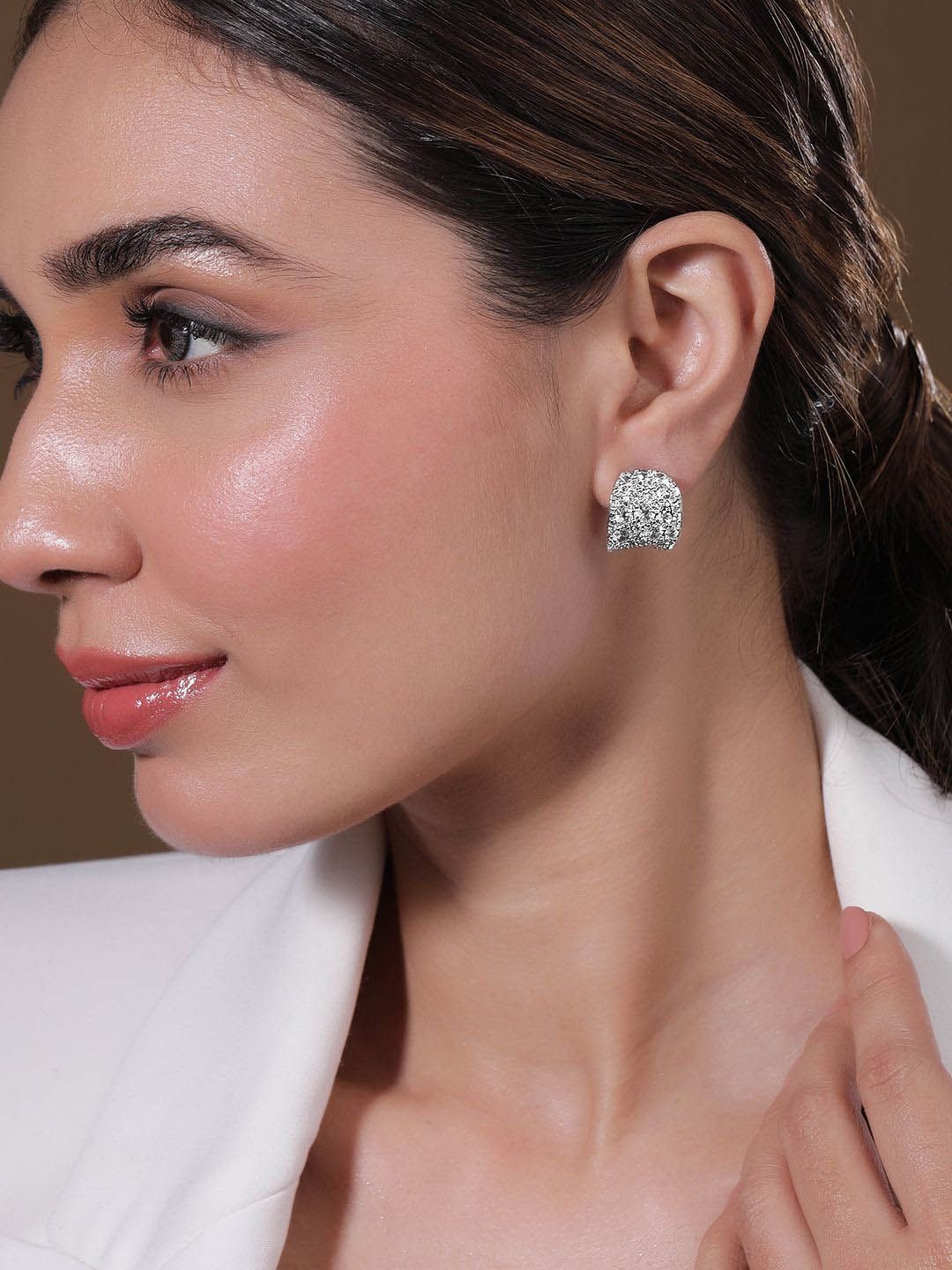 Dhiyona RJ Women's Rhodium Plated Sparkling AD & Cubic Zirconia Studded Luxurious Hoop Earrings