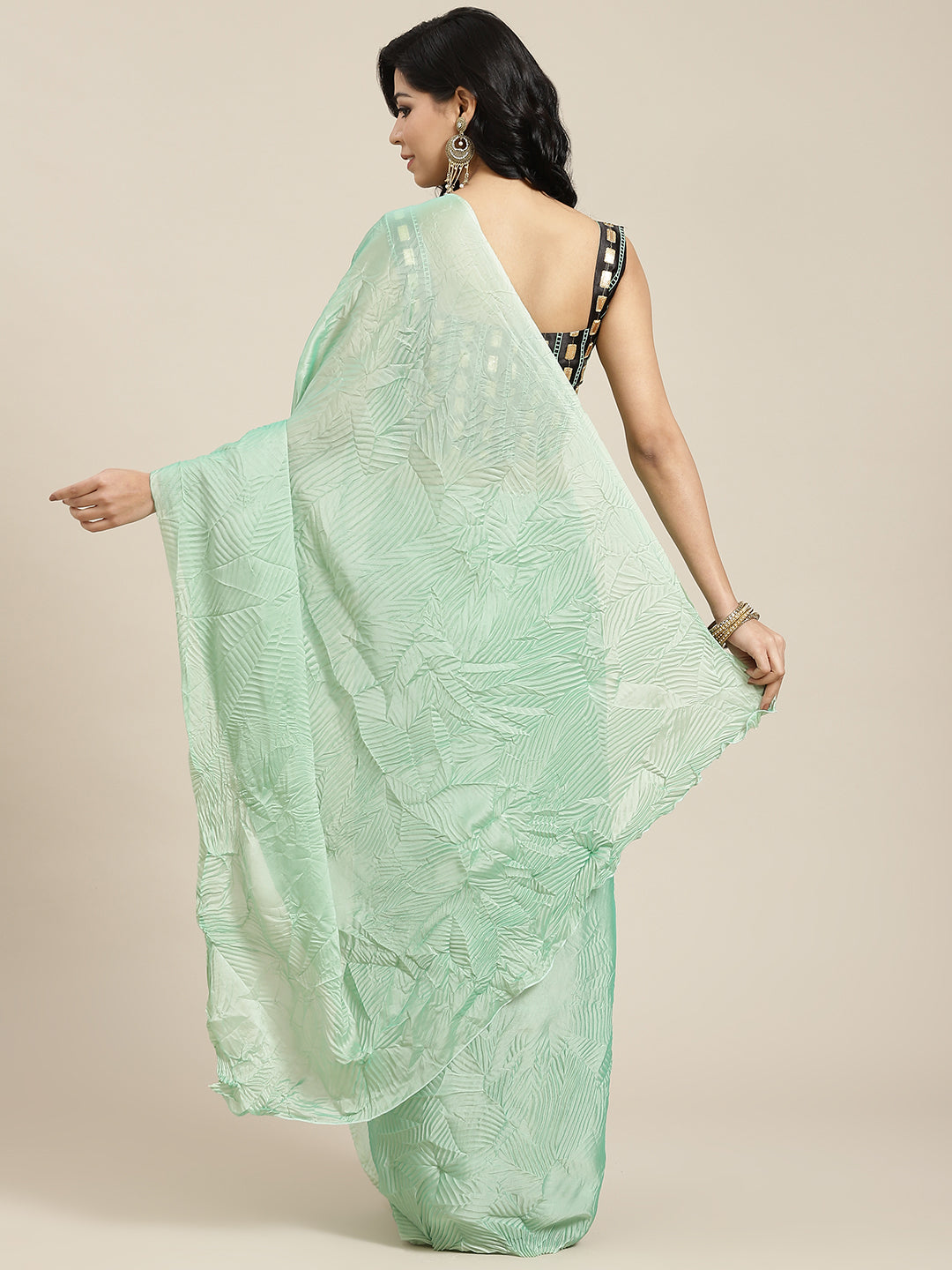 Women's Georgette Green Solid Belted Sarees With Blouse Piece