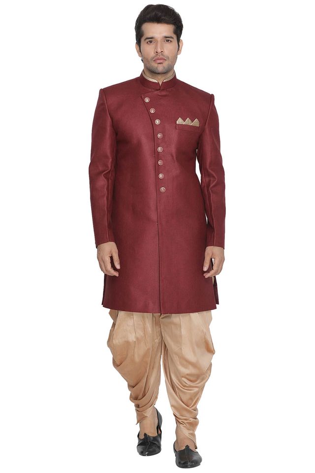 Men's Maroon Polyester Lurex Blend Straight Sherwani Set