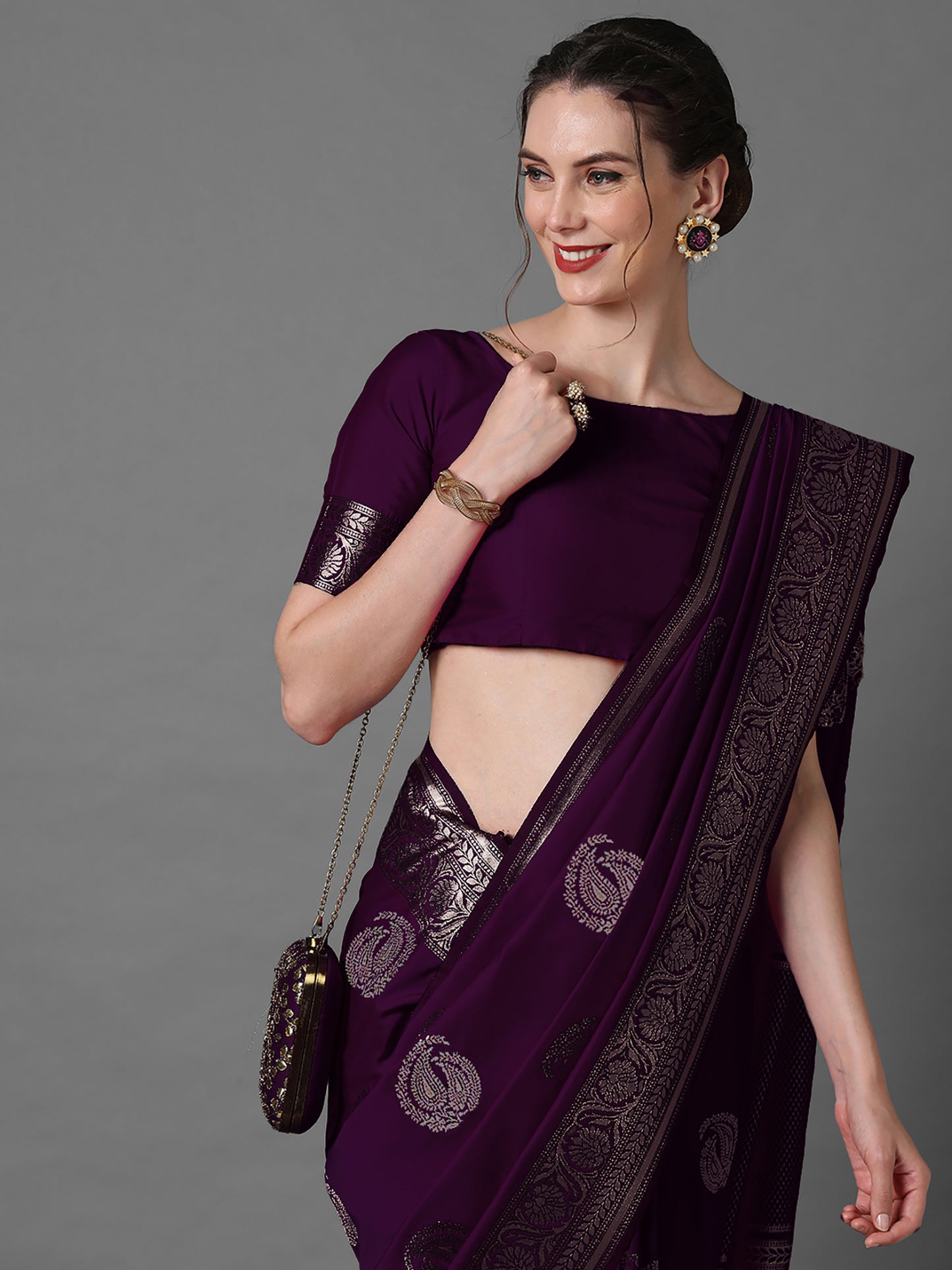 Women's Silk Blend Purple Woven Design Celebrity Saree With Blouse Piece
