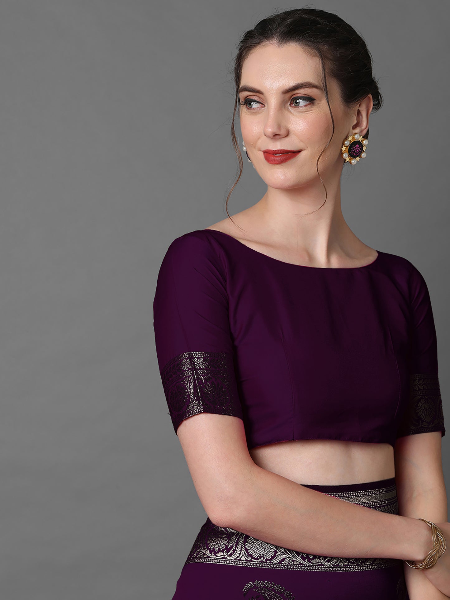 Women's Silk Blend Purple Woven Design Celebrity Saree With Blouse Piece
