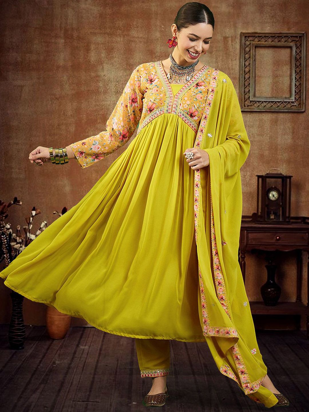 Dhiyona SN Women's Floral Yoke Design Empire Sequinned Georgette A-Line Kurta With Trouser & Dupatta