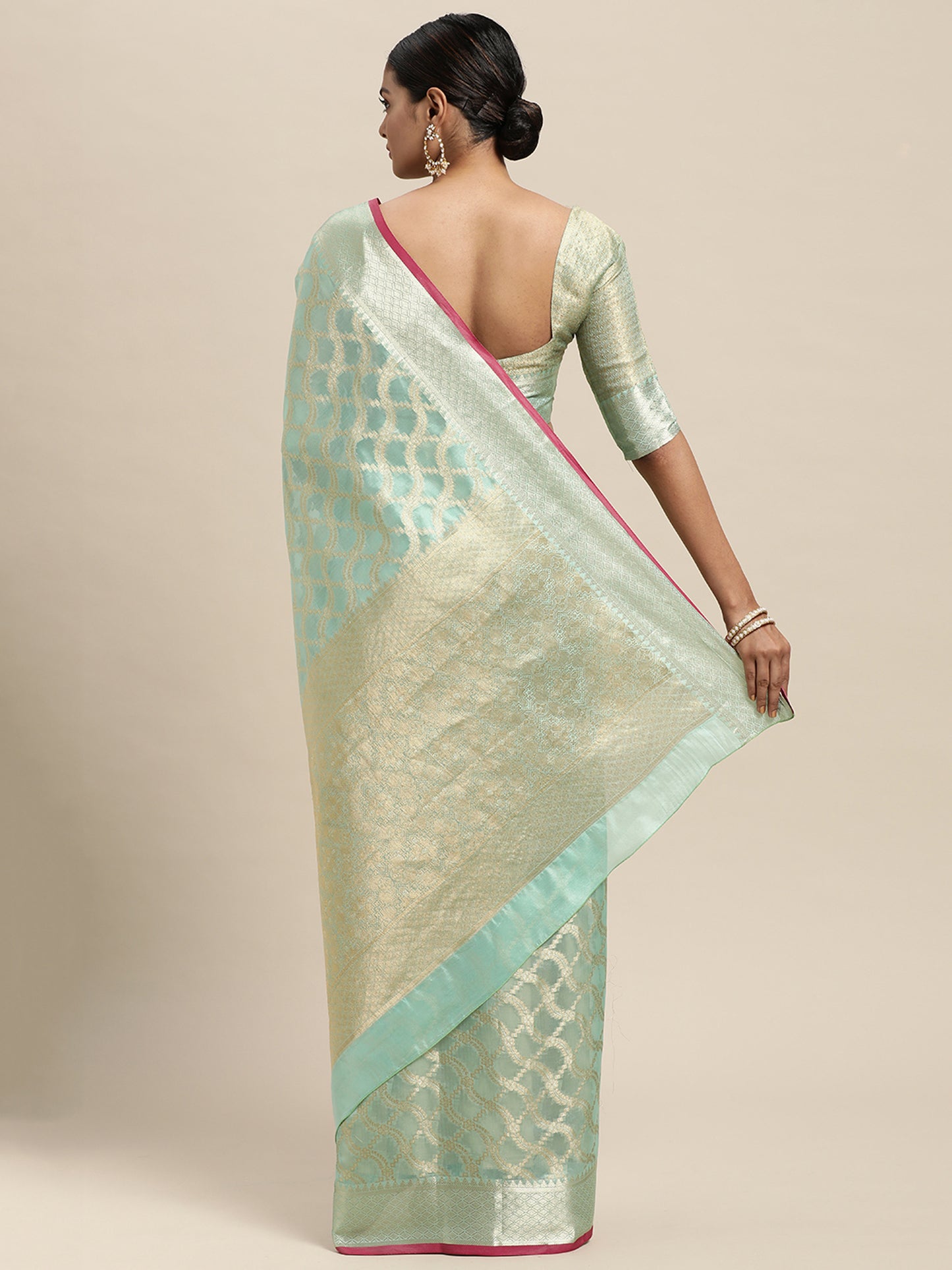 Women's Silk Blend Sea Green Woven Design Designer Saree With Blouse Piece