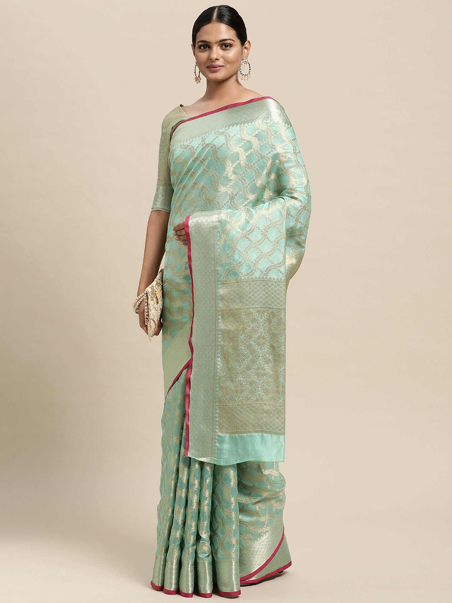 Women's Silk Blend Sea Green Woven Design Designer Saree With Blouse Piece