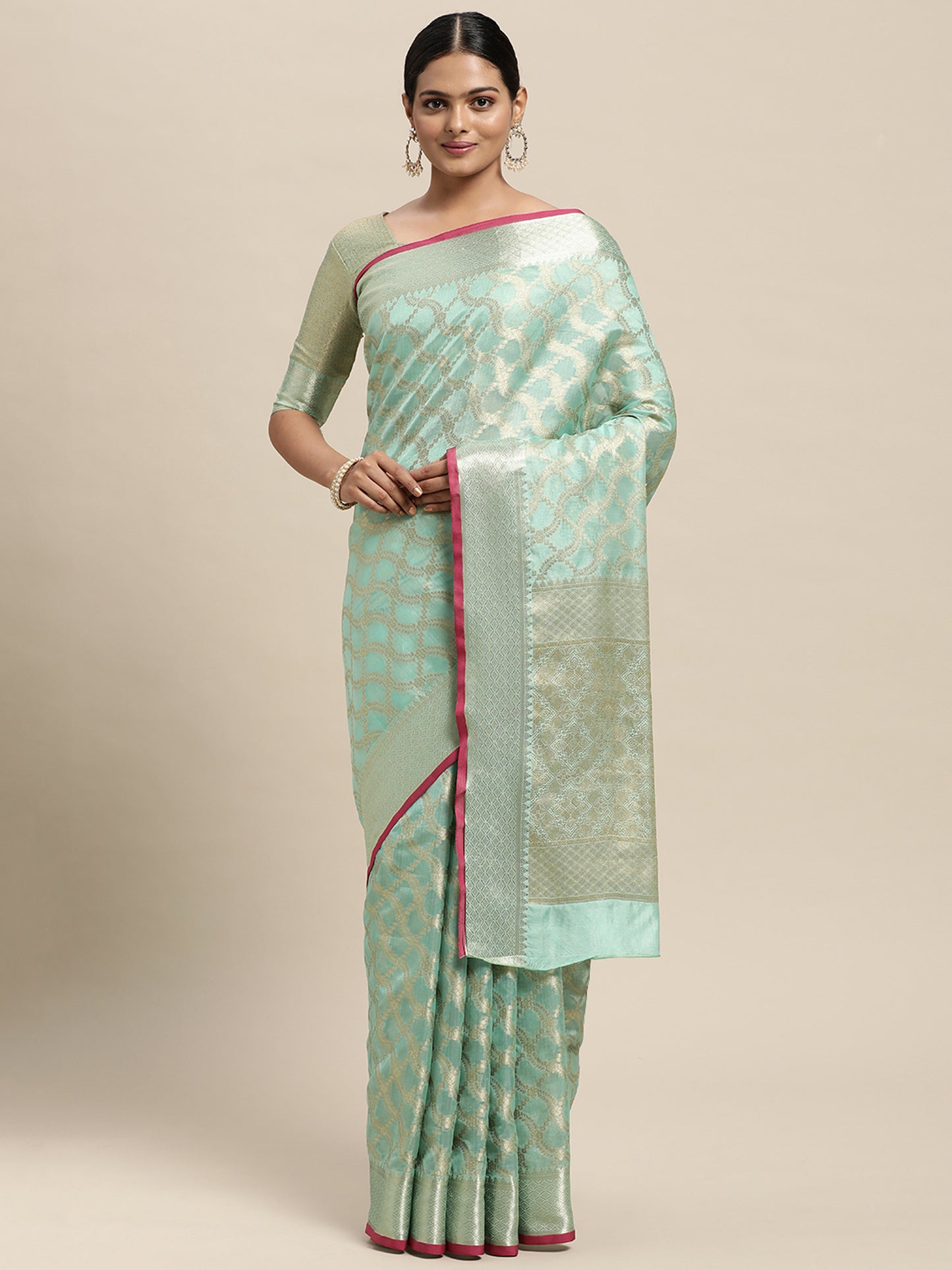 Women's Silk Blend Sea Green Woven Design Designer Saree With Blouse Piece