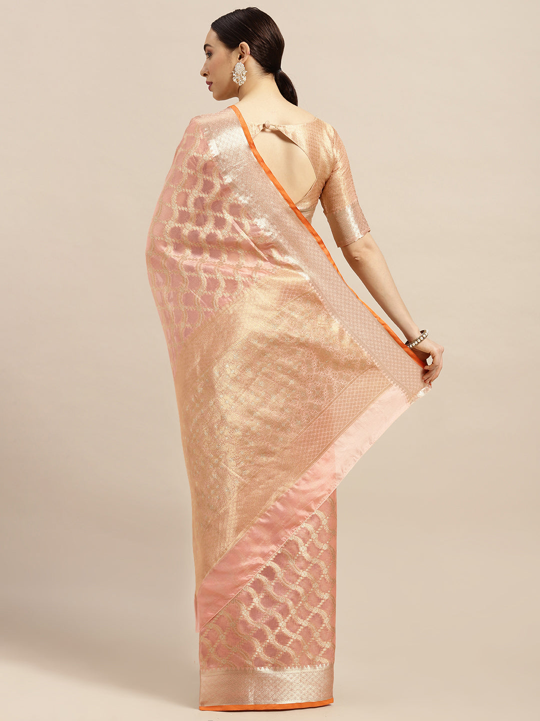 Women's Silk Blend Peach Woven Design Designer Saree With Blouse Piece