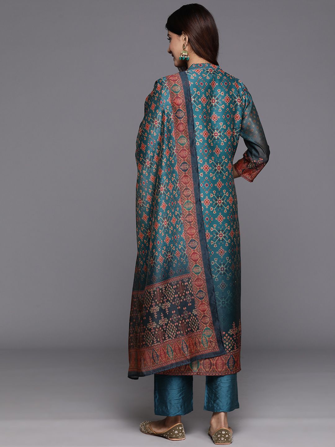 Dhiyona VA Women'sFloral Printed Mandarin Collar Chanderi Silk Kurta With Trousers & Dupatta