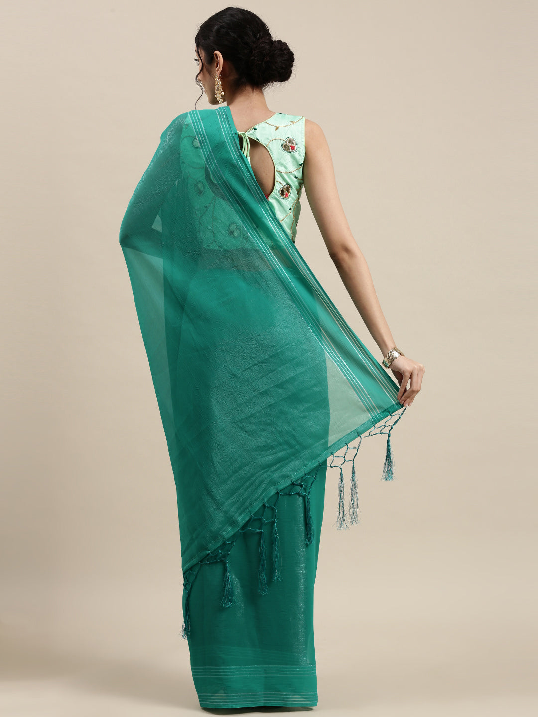 Women's Georgette Sea Green Solid Designer Saree With Blouse Piece