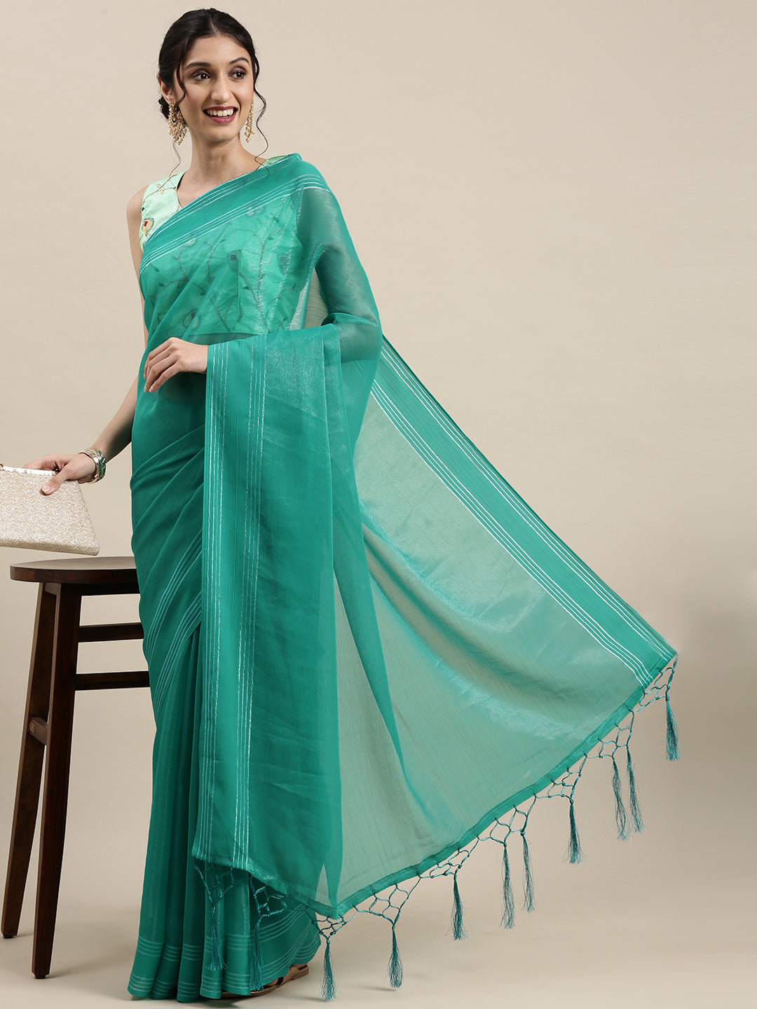 Women's Georgette Sea Green Solid Designer Saree With Blouse Piece