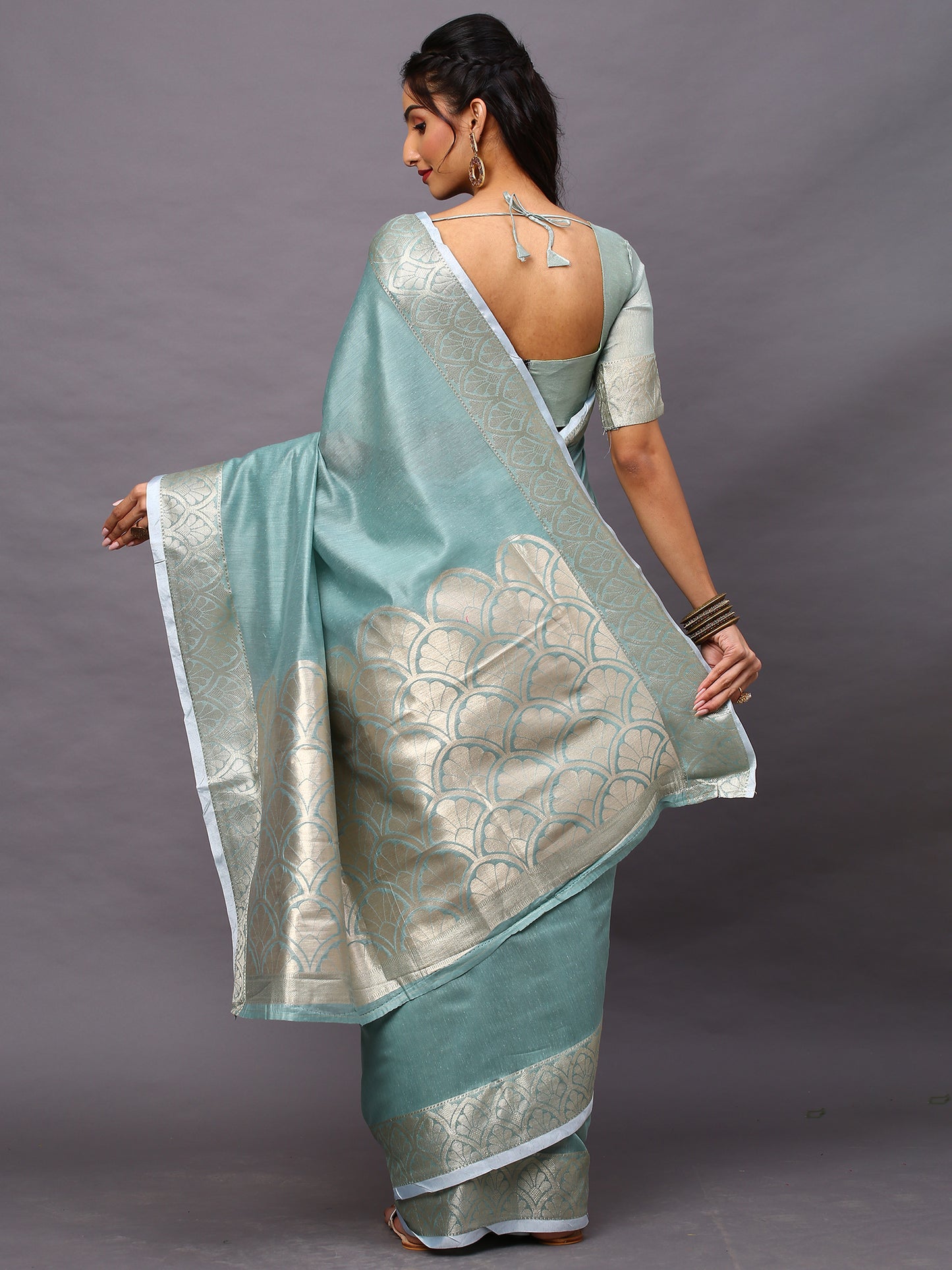 Women's Linen Blend Sea Green Woven Design Designer Saree With Blouse Piece