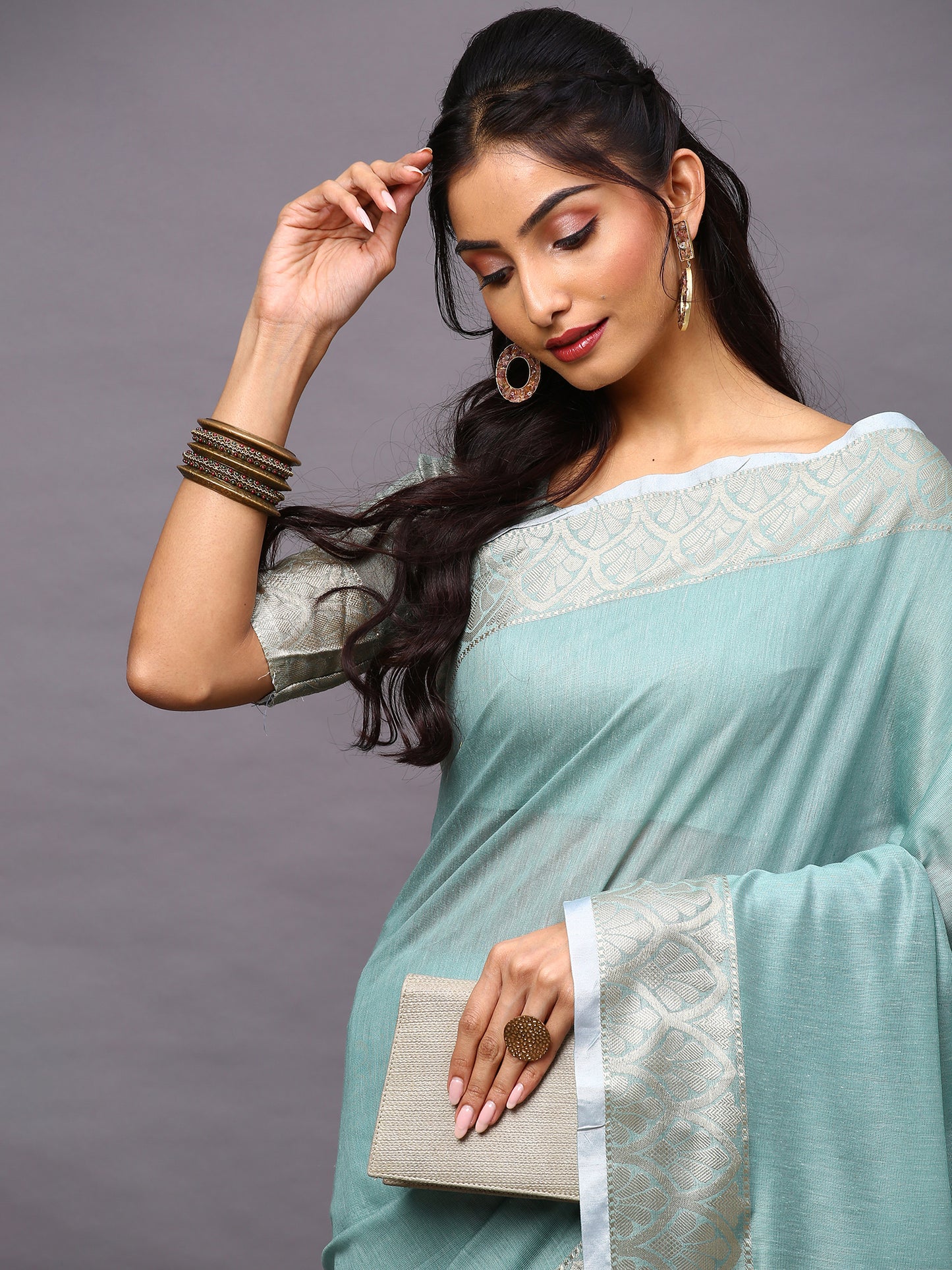 Women's Linen Blend Sea Green Woven Design Designer Saree With Blouse Piece