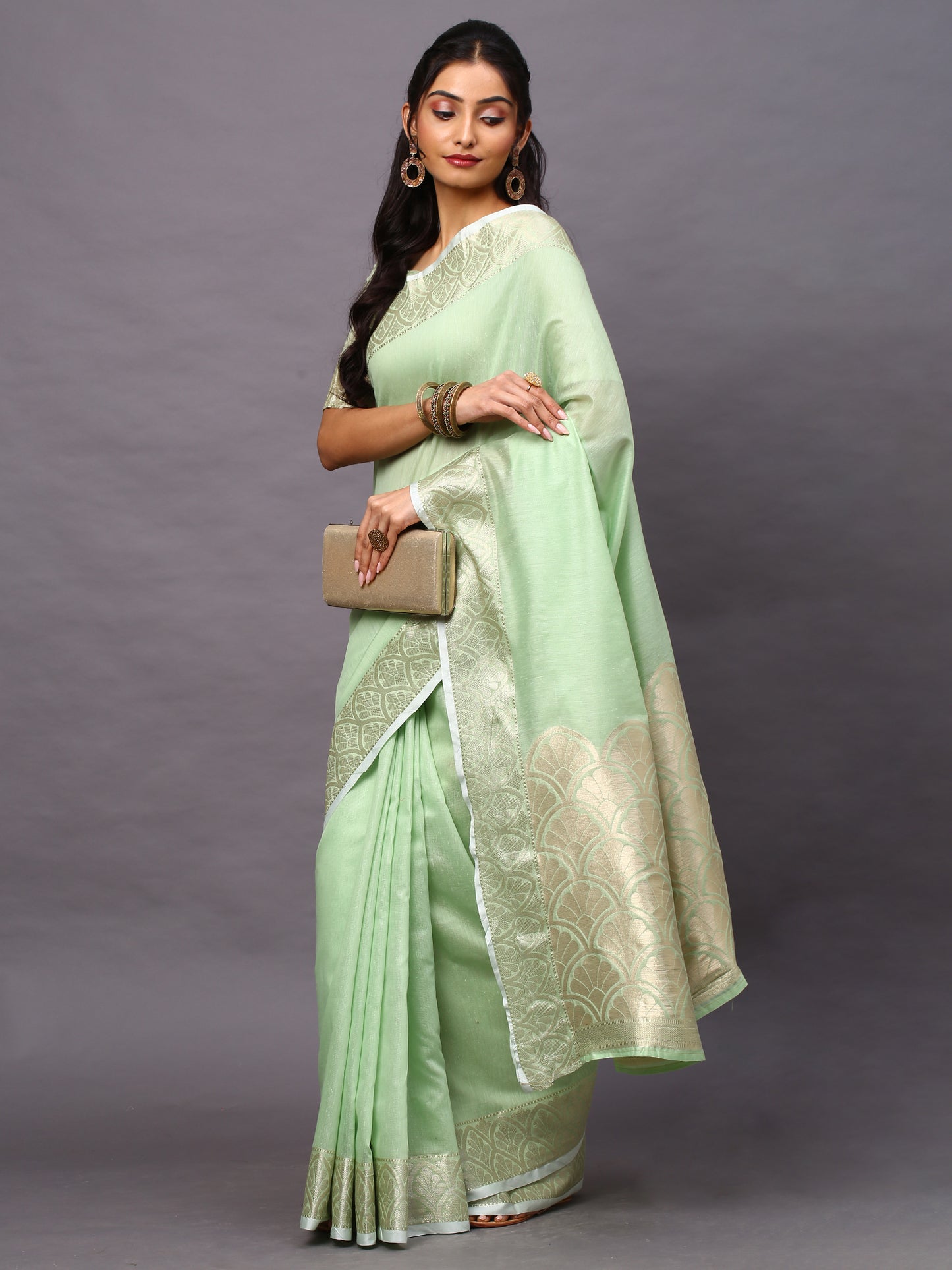 Women's Linen Blend Green Woven Design Designer Saree With Blouse Piece