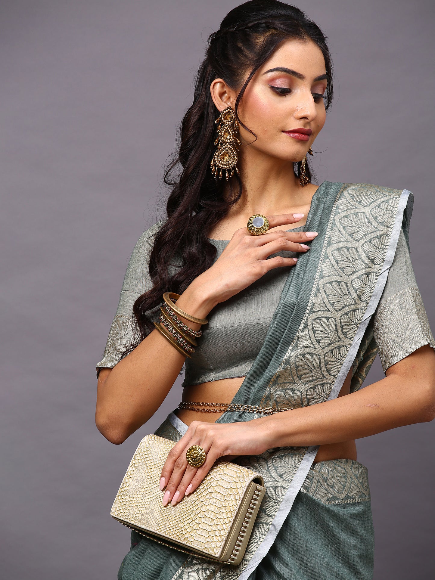 Women's Linen Blend Sea Green Woven Design Designer Saree With Blouse Piece
