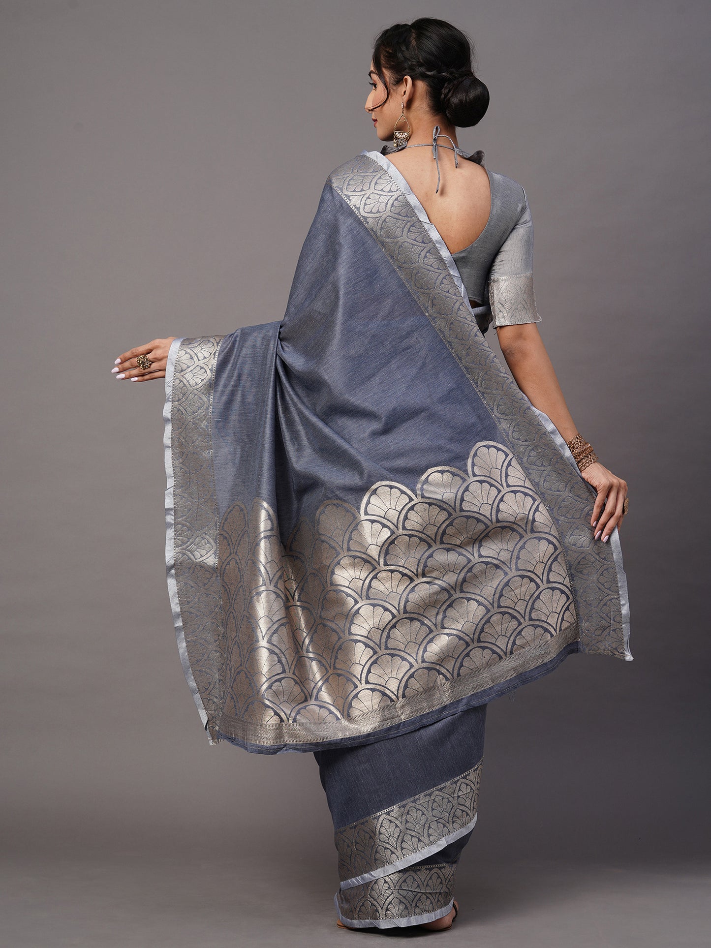 Women's Linen Blend Blue Woven Design Celebrity Saree With Blouse Piece