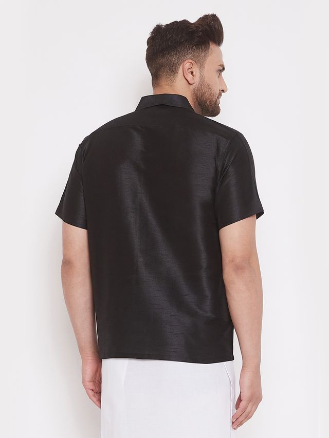 Men's Black Silk Blend Straight Ethnic Shirt