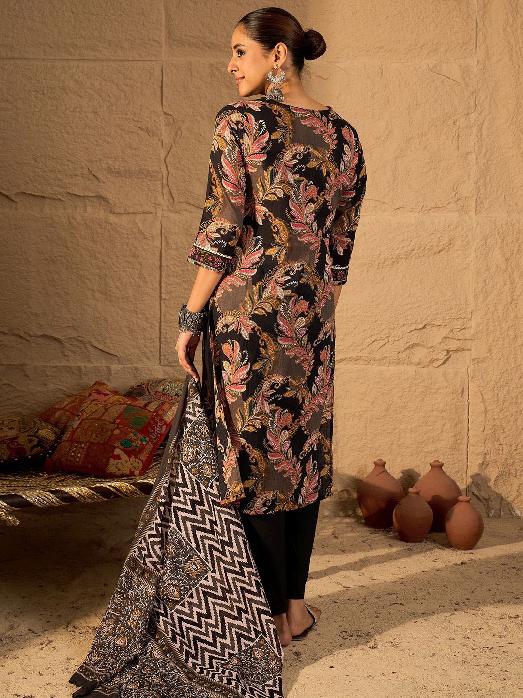 Dhiyona IE Women's Women Floral Embroidered Pure Cotton Kurta with Trouser & Dupatta