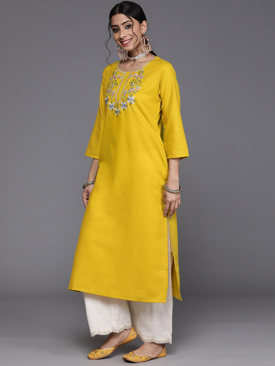 Dhiyona VR Women's Mustard Yellow Floral Yoke Embroidered Straight Kurta