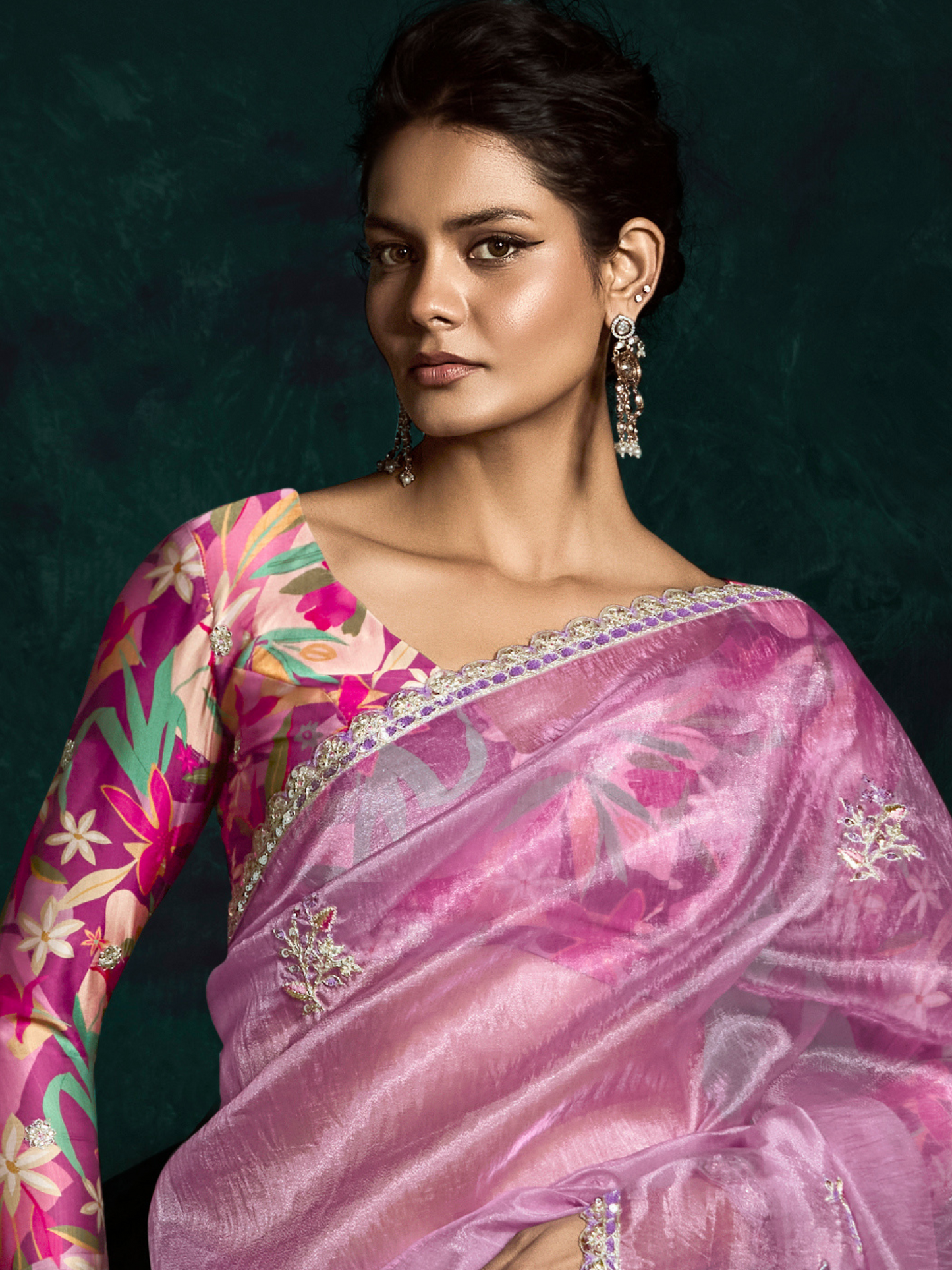 Dhiyona KM Women Pink Designer Organza Saree “ A Blush Of Elegance