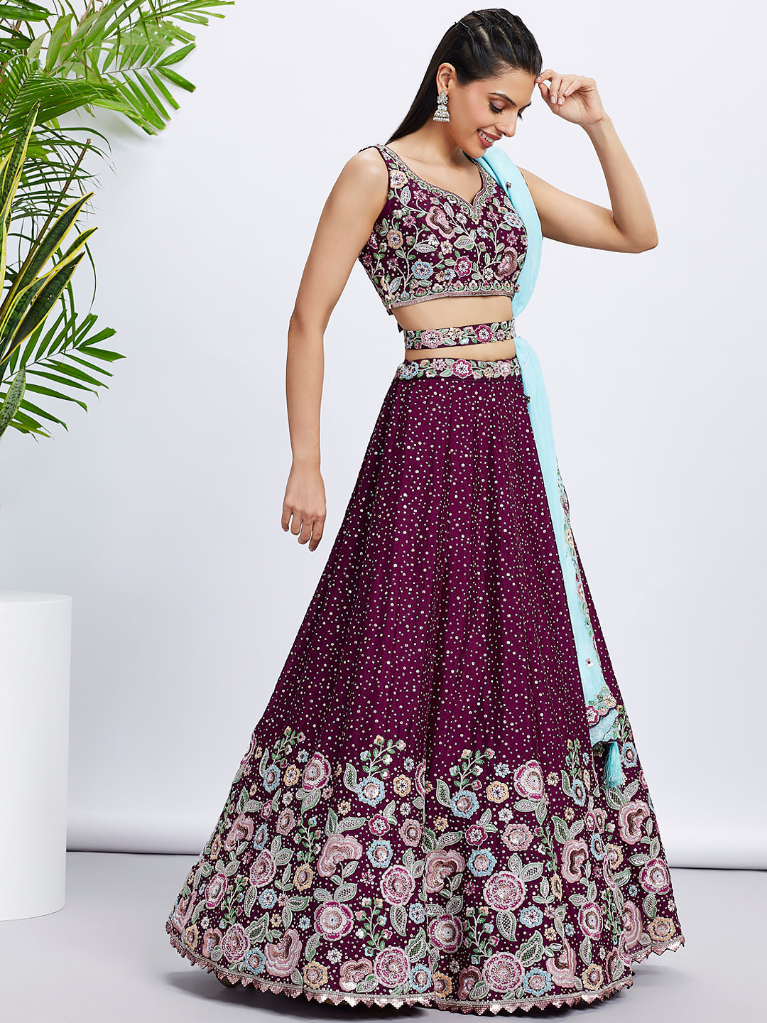 Women Burgundy Pure Chiffon Sequins and thread embroidery Lehenga choli & Dupatta