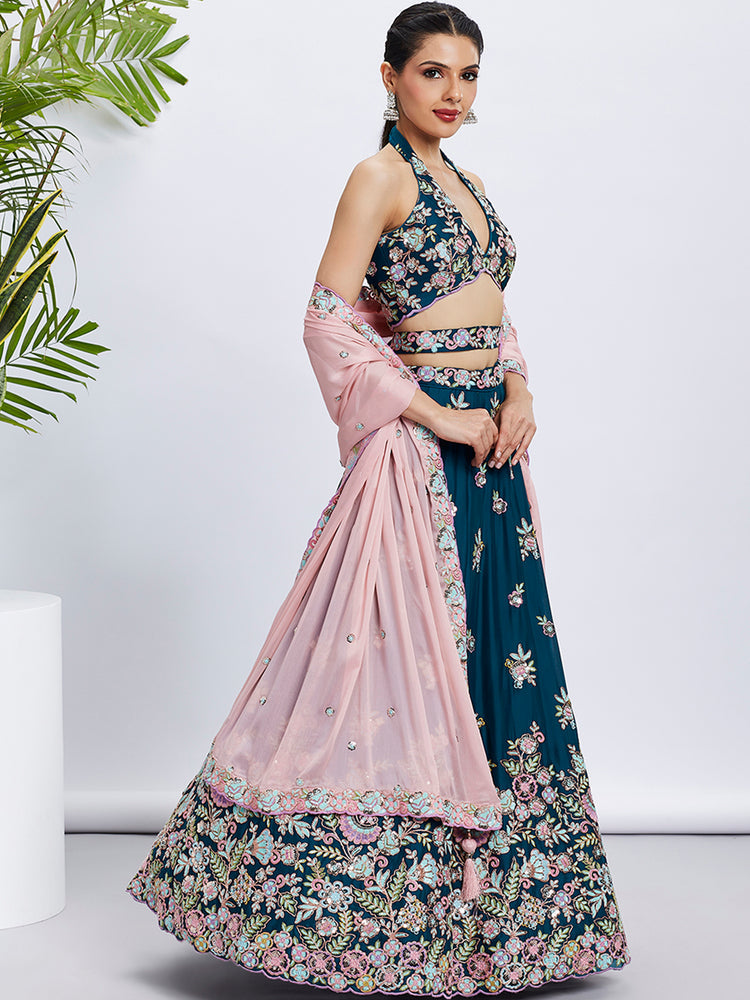 Women Teal Pure Georgette Sequins and thread embroidery Lehenga choli & Dupatta