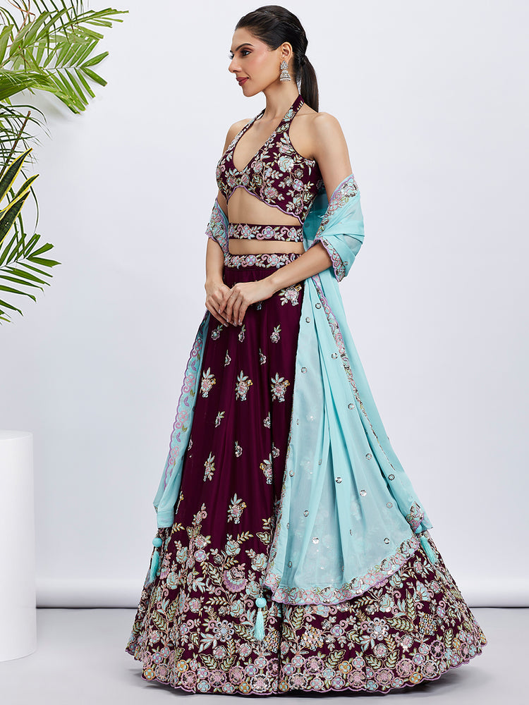 Women Burgundy Pure Georgette Sequins and thread embroidery Lehenga choli & Dupatta