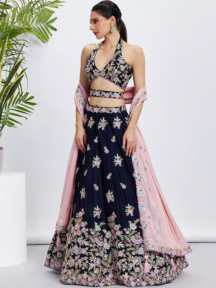 Women Navy blue Pure Georgette Sequins and thread embroidery Lehenga choli & Dupatta