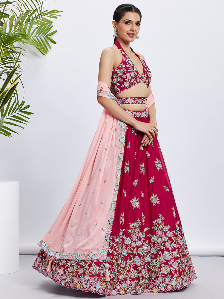 Women Rose Pure Georgette Sequins and thread embroidery Lehenga choli & Dupatta