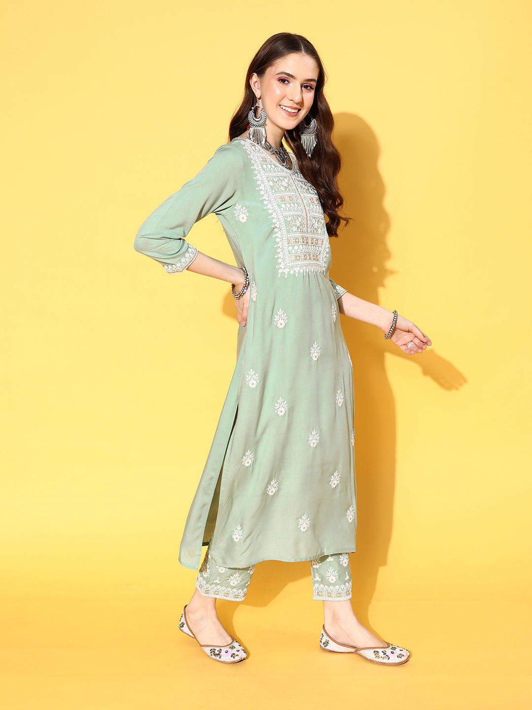 Dhiyona VR Women's Sea Green Embroidered Kurta Paired With Tonal Trouser And Dupatta