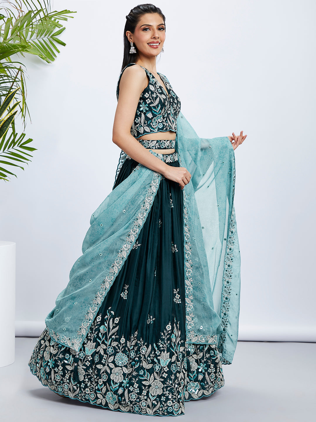 Women Teal Pure Georgette Sequins and thread embroidery Lehenga choli & Dupatta
