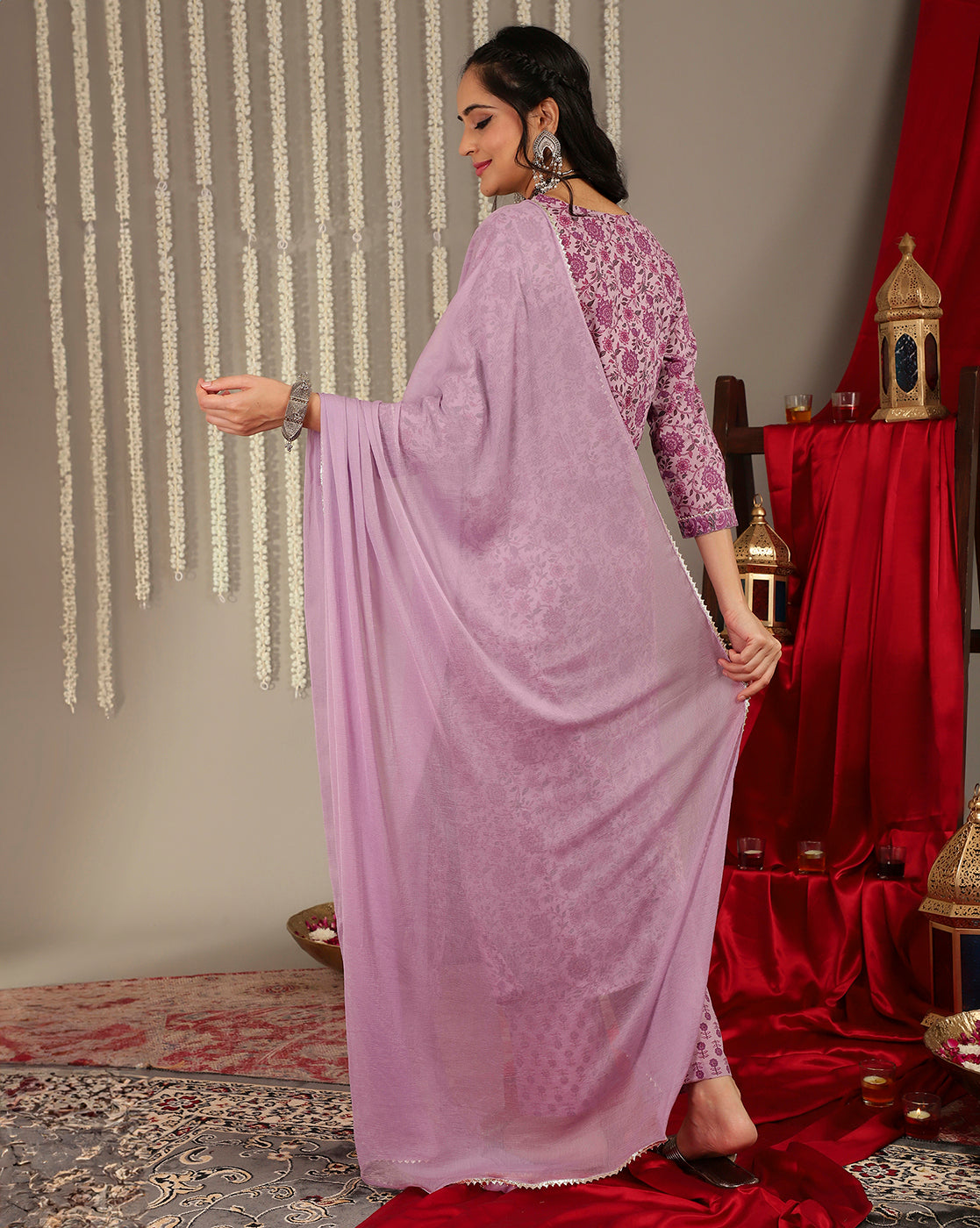 Dhiyona VR Women's Purple Floral Printedstraight Kurta Paired With Tonal Printed Bottom And Dupatta