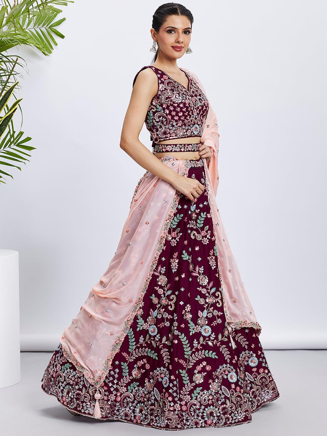 Women Burgundy Pure Georgette Sequins and thread embroidery Lehenga choli & Dupatta
