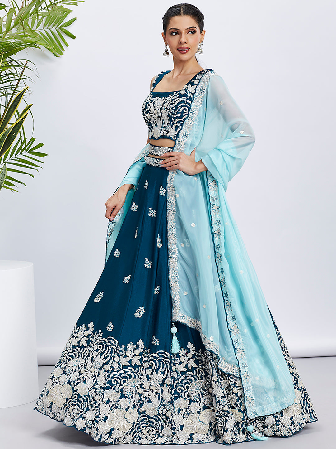 Women Teal Pure Georgette Sequins and thread embroidery Lehenga choli & Dupatta