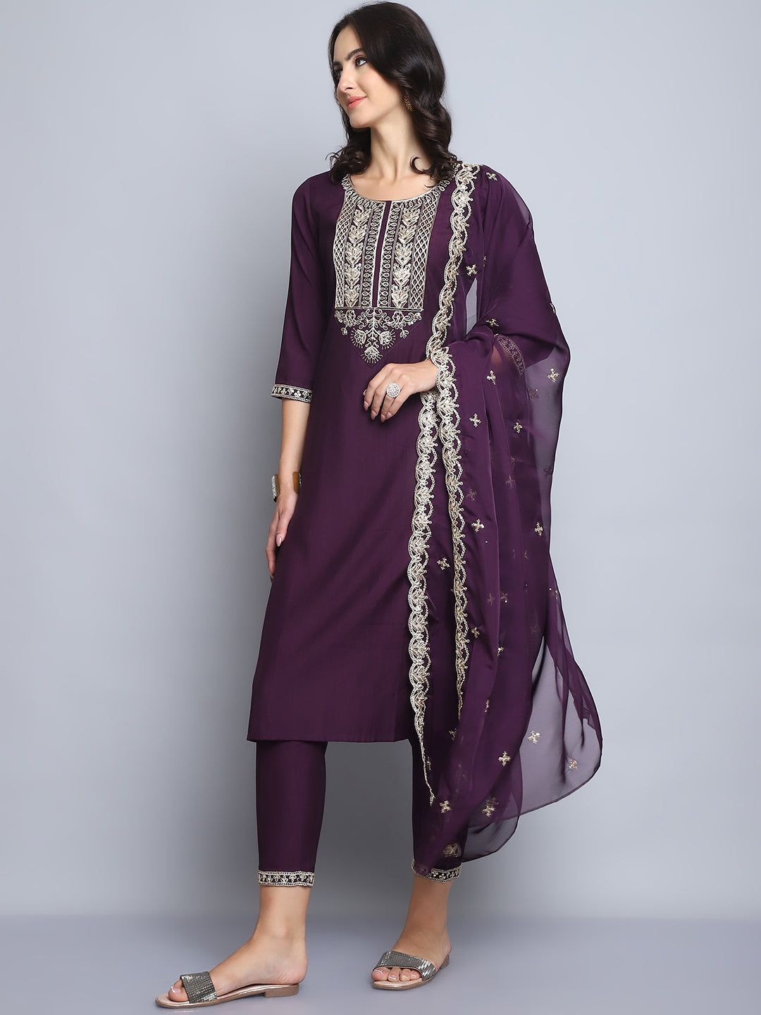 Women Wine Embroidery silk Kurta And Pant Set With Dupatta