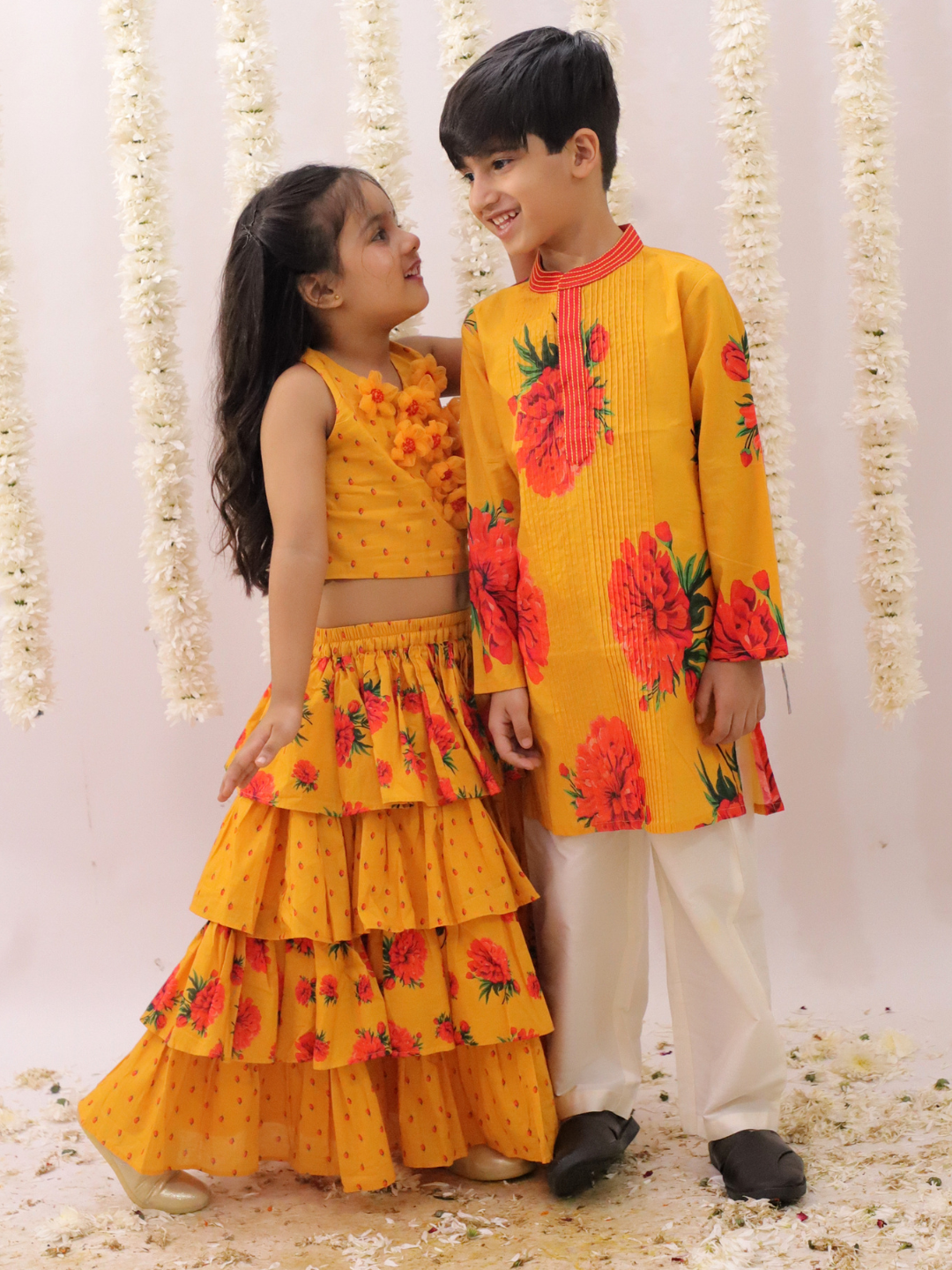 Genda Phool Mustard Choli and Lehanga Set For Girls