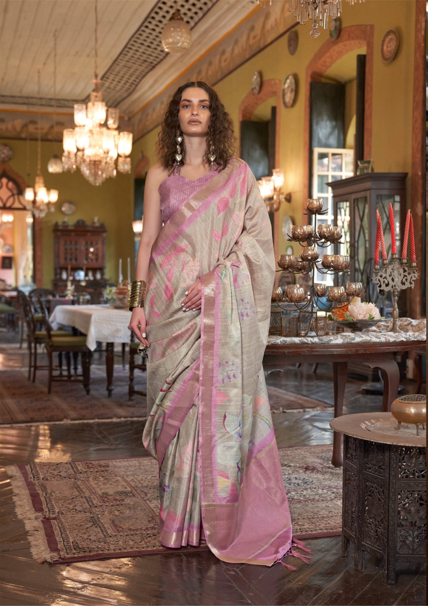 Dhiyona GR Women's Dusty Lavender & Grey Banarasi Digital Soft Silk Saree