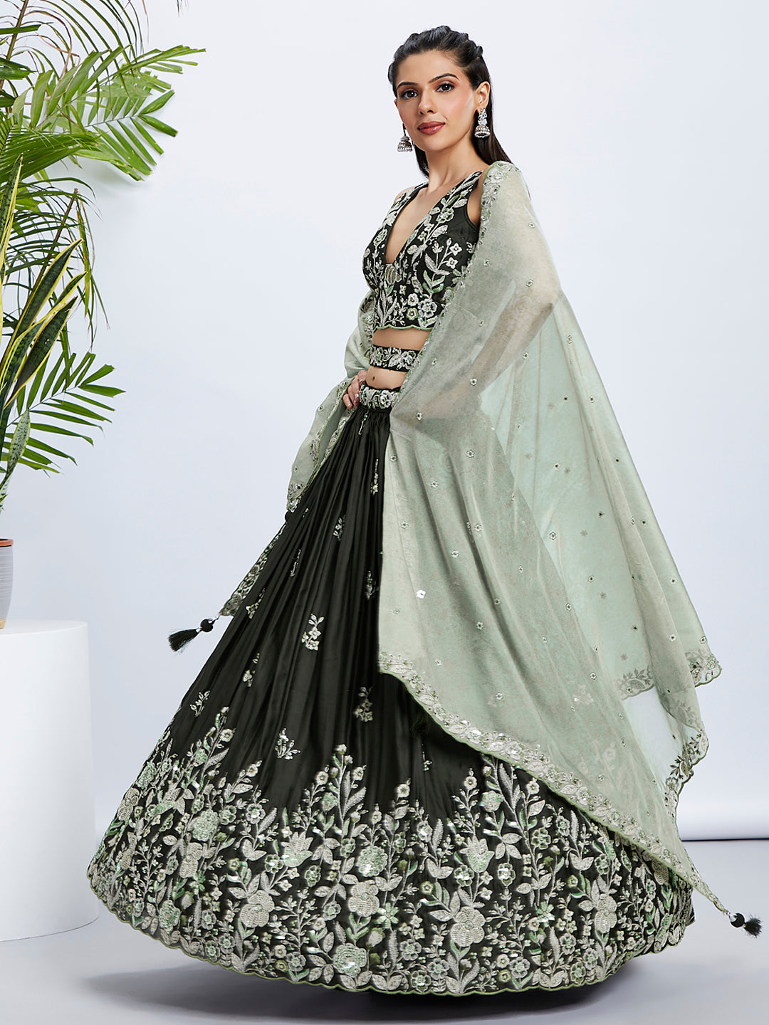 Women Olive Pure Georgette Sequins and thread embroidery Lehenga choli & Dupatta