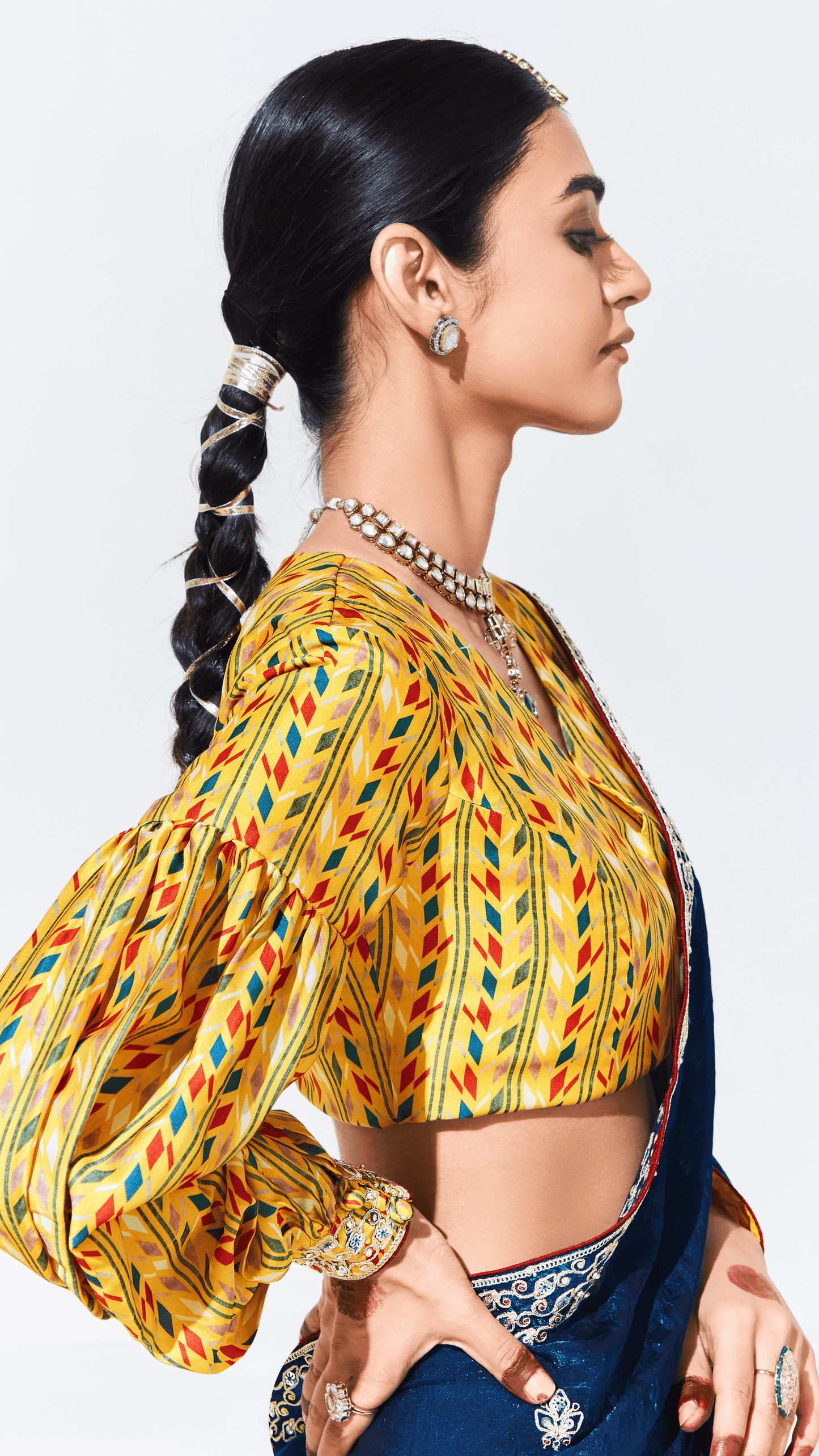 Dhiyona KM Women Royal Blue Silk Saree With Yellow Printed Puff-Sleeve Blouse “ A Perfect Blend Of Tradition & Trend