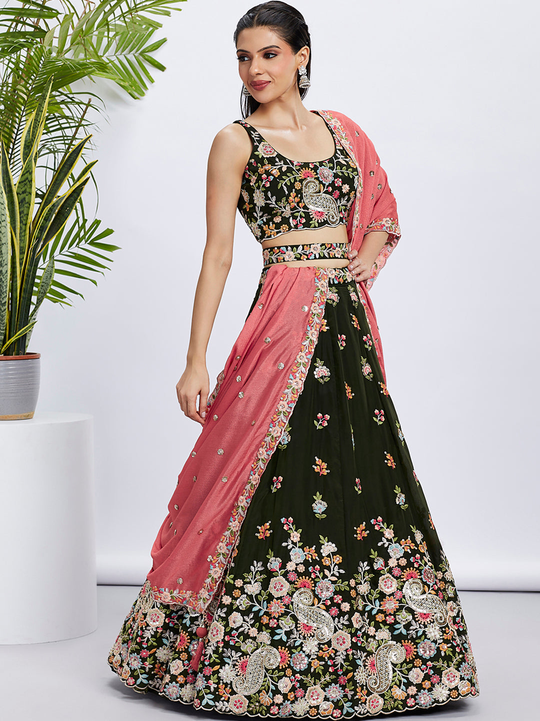 Women Olive Organza Sequins and thread embroidery Lehenga choli & Dupatta