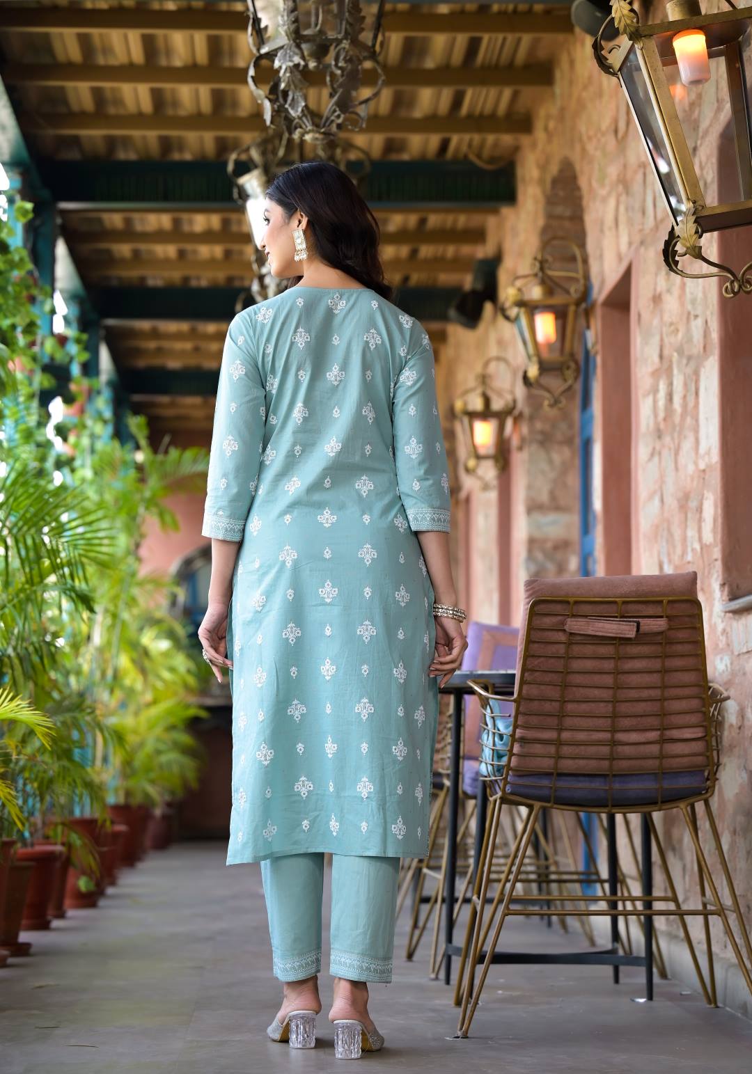 Dhiyona VR Women's Sea Green Rubber Printed, Mirror Embellished Straight Kurta Paired With Bottom And Dupatta