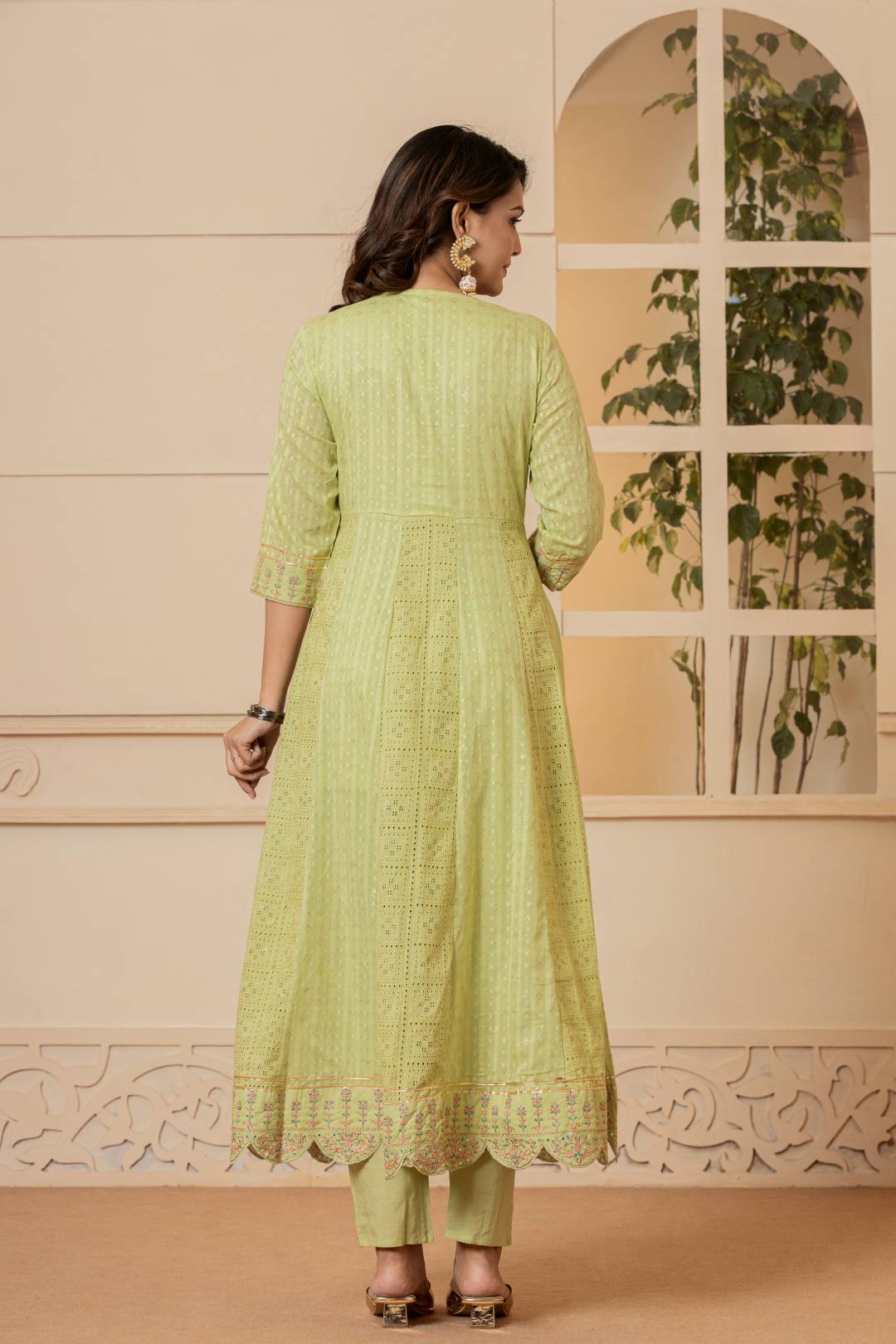Dhiyona VR Women's Lime Green Mirror And Thread Embroidered,Gotta Embellished Scalloped Schiffli Anarkali Kurta Paired Wirh Printed Bottom And Embroidered Dupatta