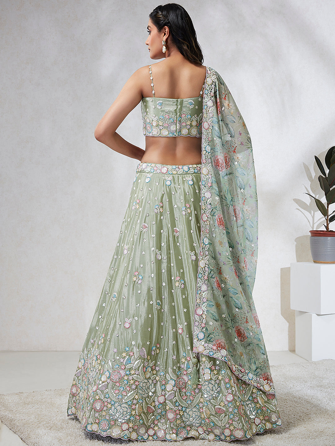 Women Lime green Chiffon Sequins and thread embroidery Lehenga choli & Dupatta