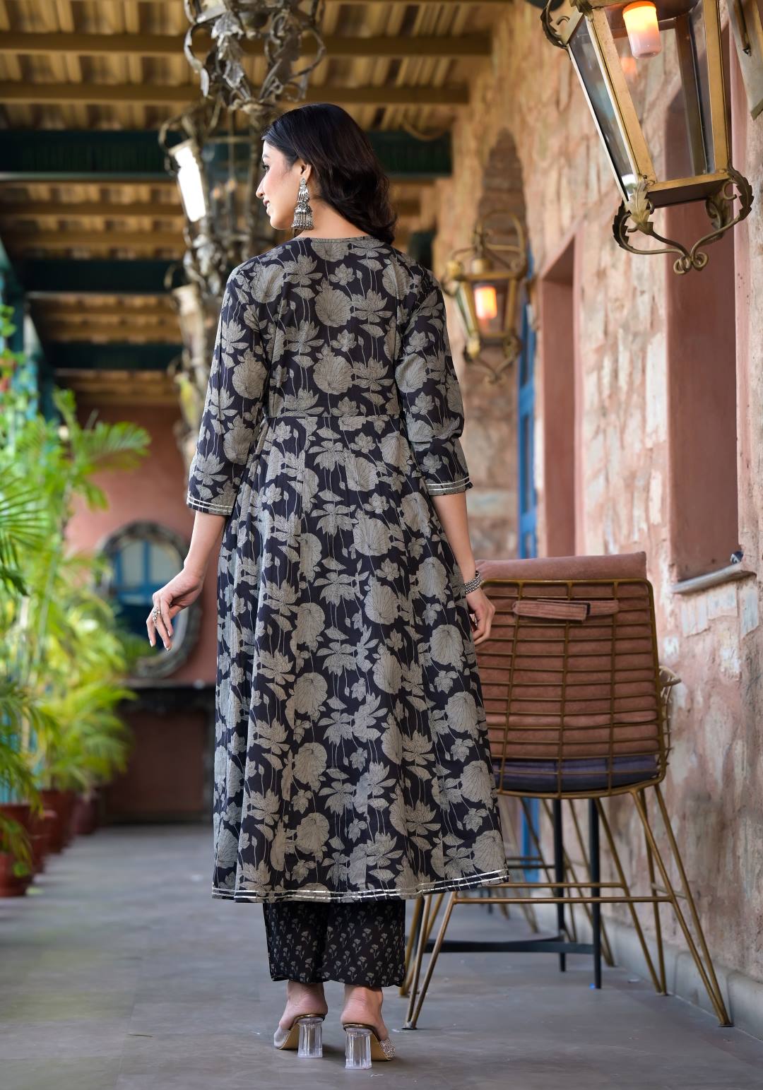 Dhiyona VR Women's Black Mandarin Collar Embellished Yoke Three-Quarter Sleeves Paired With Printed Bottom And Dupatta