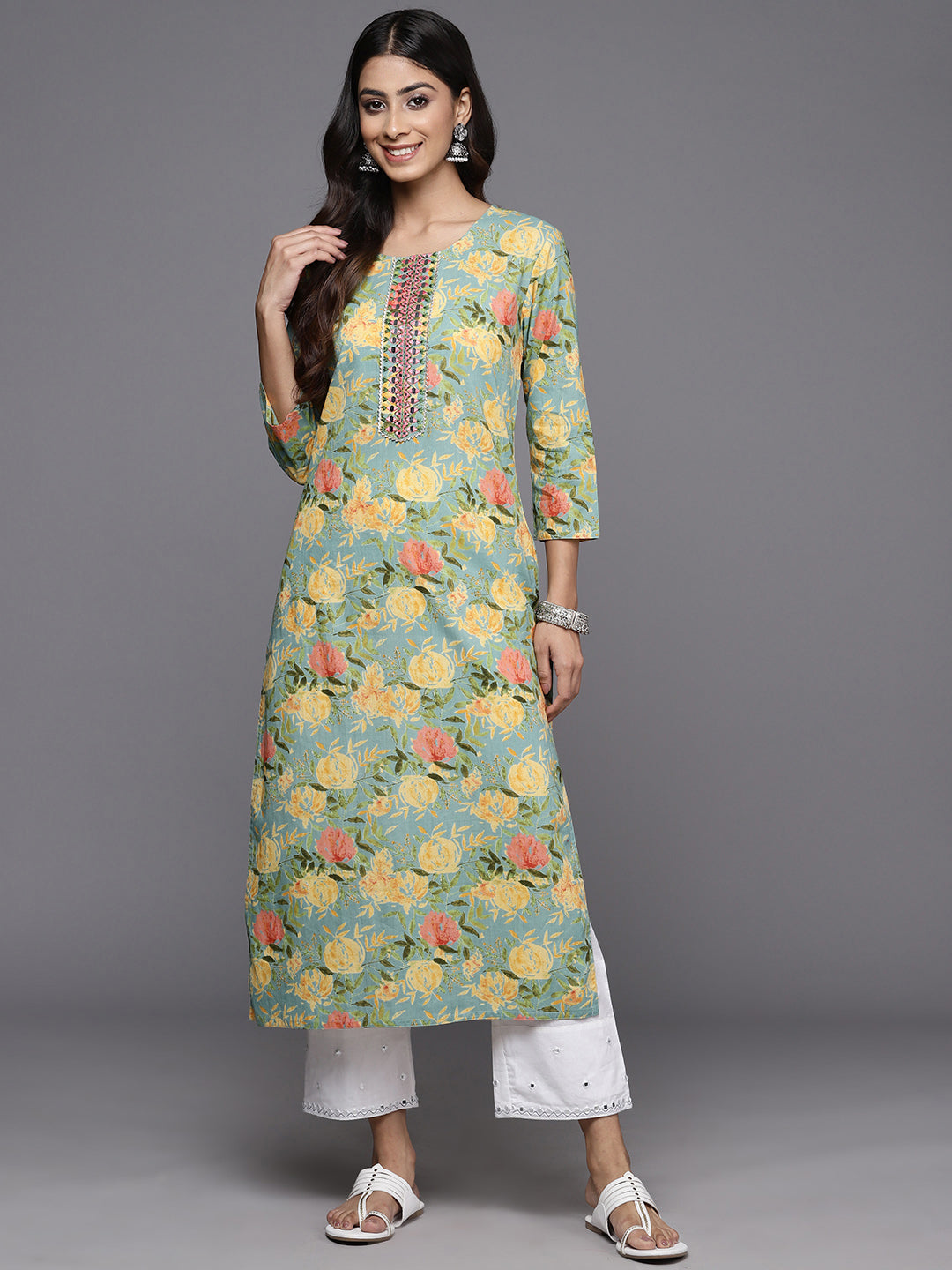 Dhiyona VR Women's Sea Green Floral Printed Mirror And Thread Embroidered Straight Kurta With Thtree Quarter Sleeves
