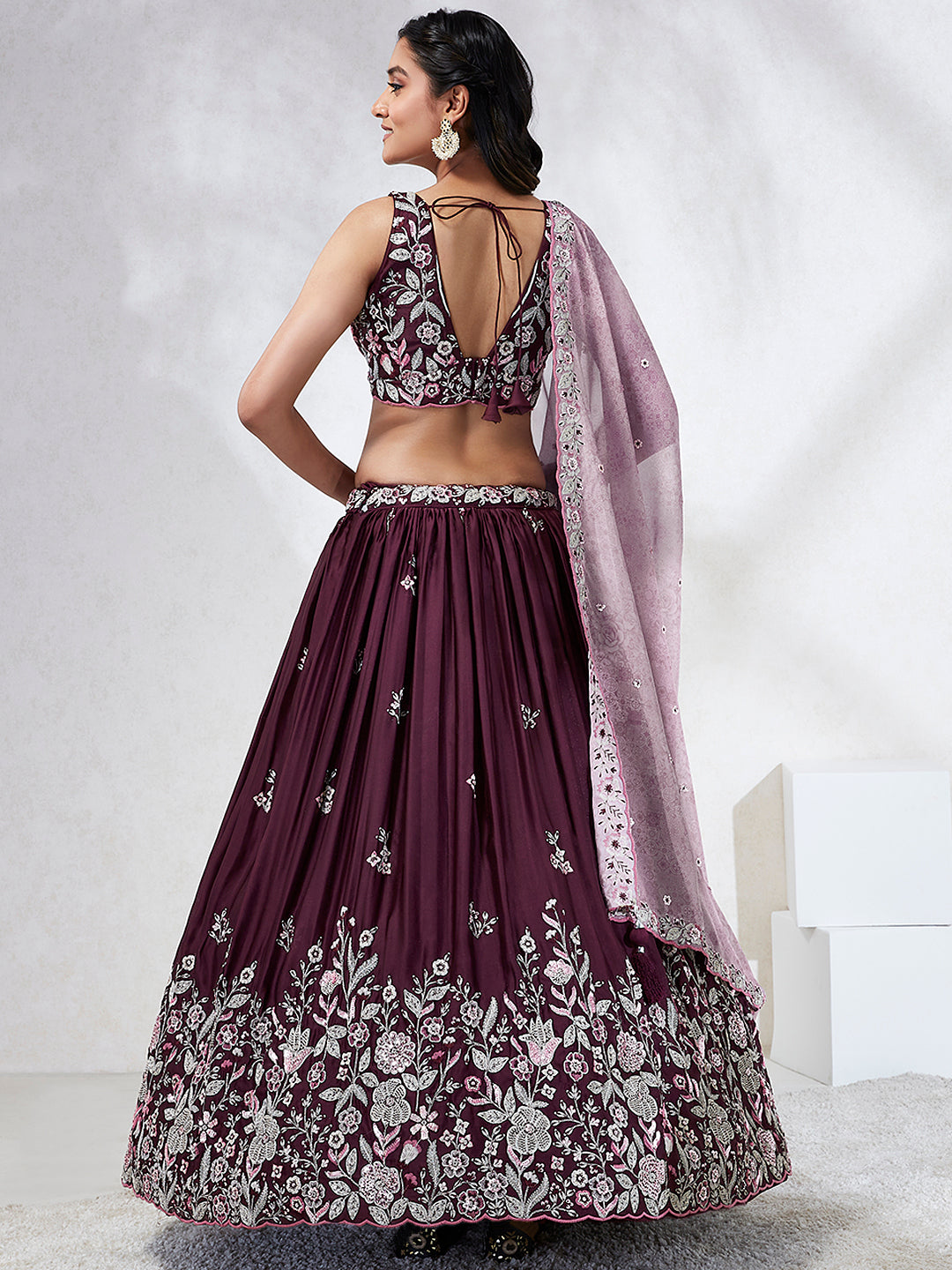 Women Burgundy Pure Georgette Sequins and thread embroidery Lehenga choli & Dupatta