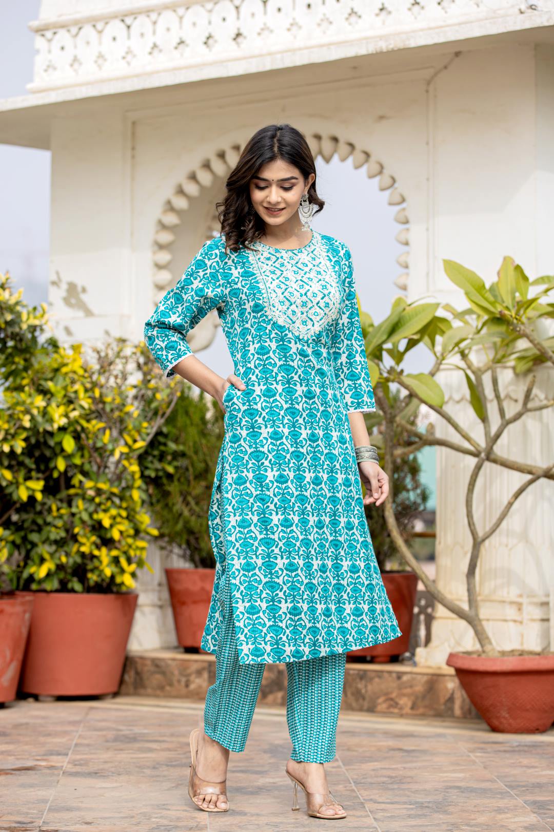 Dhiyona VR Women's Blue Printed Round Neck Yoke Embroidered Kurta Paired With Bottom And Dupatta