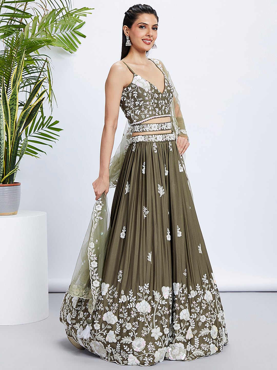 Women Olive Pure Georgette Sequins and thread embroidery Lehenga choli & Dupatta